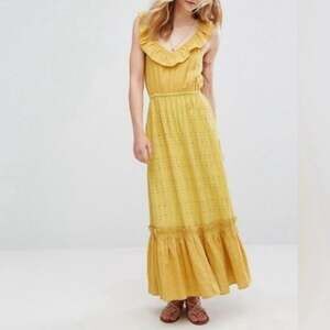 Moon River mustard yellow eyelet ruffle maxi dress tank Anthropologie boho